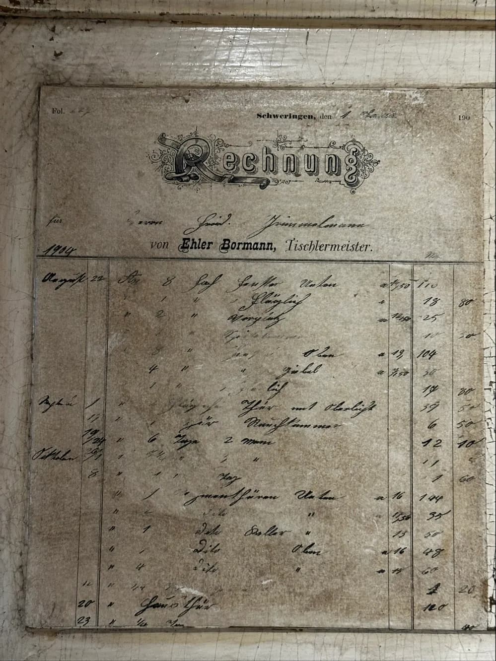 Historische Rechnung oder alter Beleg der Tischlerei Bormann aus dem Jahr 1904